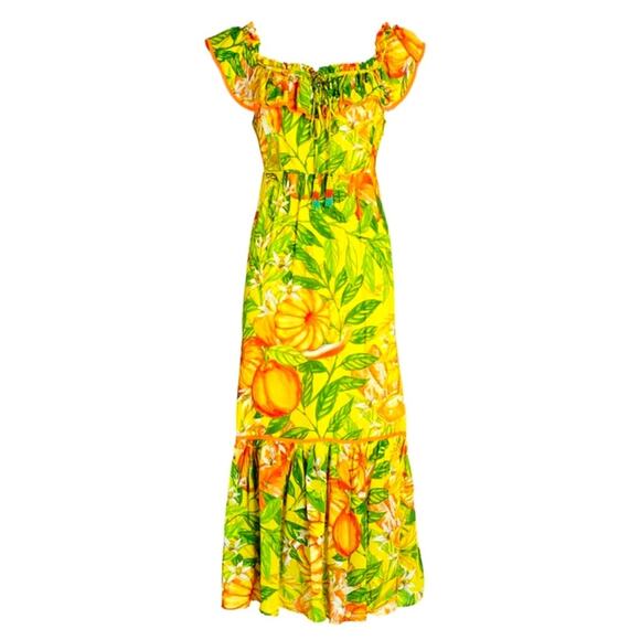 NWOT FARM Rio Tangerine Multi Off Shoulder Tropical Midi Dress XS “RARE" - Picture 6 of 12